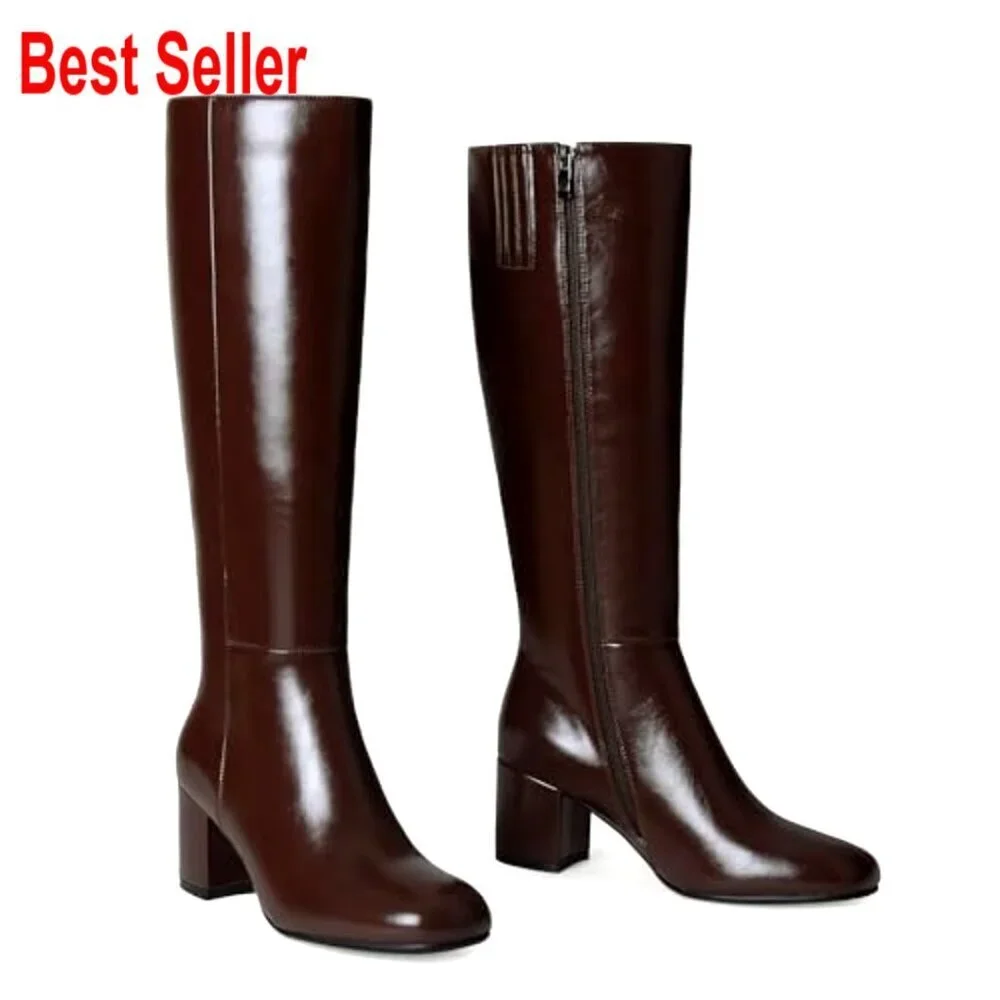 Knee High Boots Round Toe Chunky Heel Faux Leather Side Zip